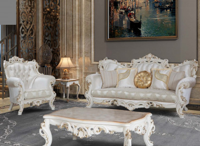 Chesterfield Sofa Polster Garnitur 3+1 Sitz Weiß Textil Dreisitzer Couchtisch